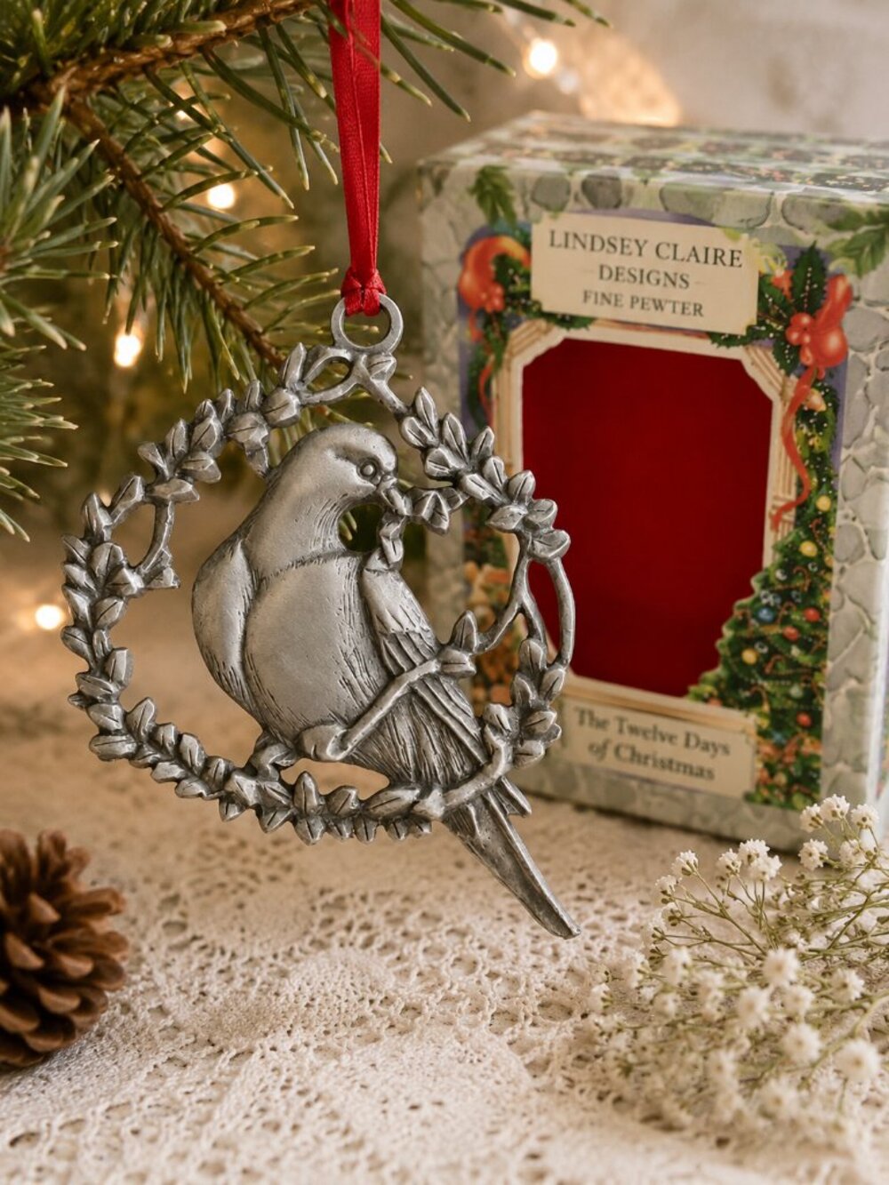 Vintage Lindsey Claire Fine Pewter Partridge in a Pear Tree Ornament w/ Box